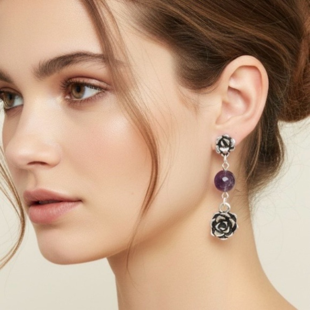 HAND CRAFTED Succulent Flowers Dangle EARRINGS Amethyst 1.5” Hypoallergenic NWT - Picture 6 of 7